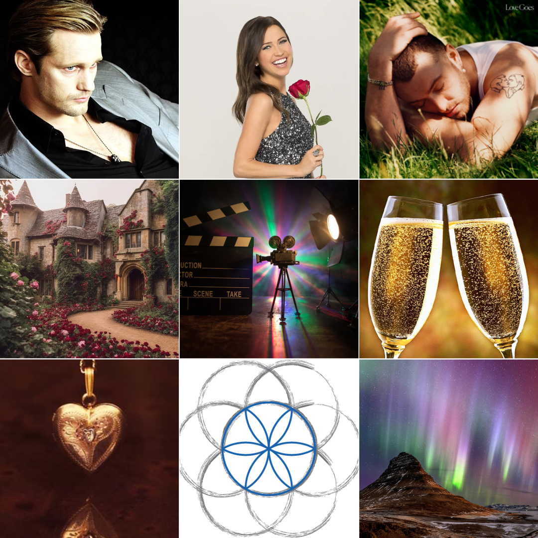 A mood board with nine photos: a pale handsome man with a serious expression, a smiling brunette woman holding a red rose, a contemplative nonbinary person lying in the grass, a mansion with greenery, a television camera on a set, two champagne glasses, a gold heart locket, a circular abstract flower design, and aurora over a mountain.