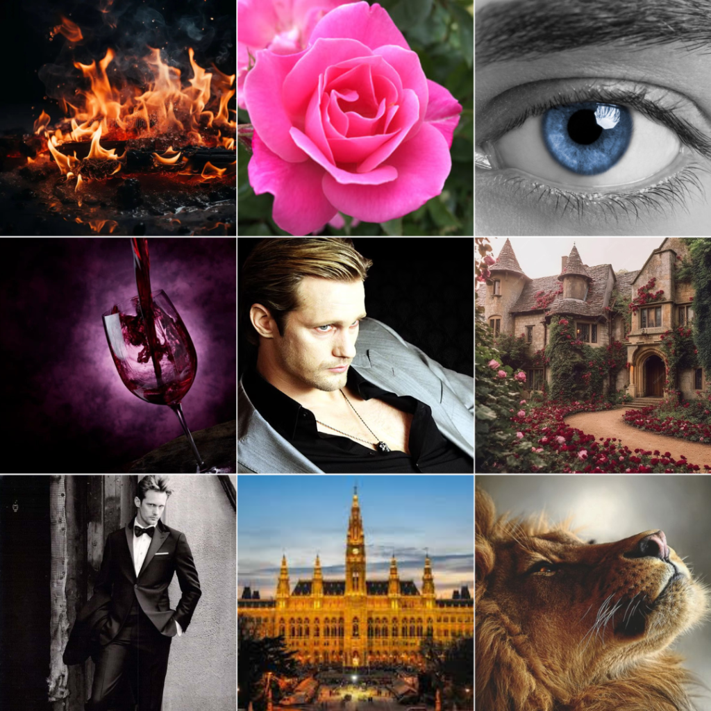 A collage featuring various images: flames burning, a pink rose, a close-up of a blue eye, red wine pouring into a glass, a man in a gray suit looking serious, a mansion with greenery, a man in a tuxedo, a historical building lit at night, and a lion in a majestic pose.